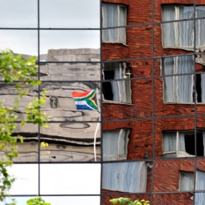 Reflections... The SA flag reflects off the SA Embassy Building's glass...