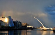 The Convention Center and Samuel Becket Bridge against a rainy background... Dublin, Ireland.